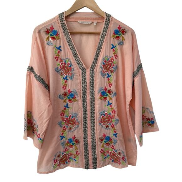 Soft Surroundings Embroidered Beaded Palm Island V-neck Tunic Top Size PXL Peach - Picture 2 of 9